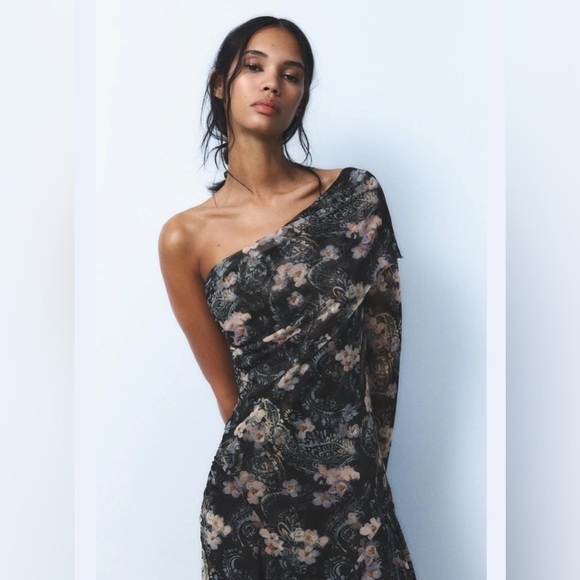 ZARA Floral One-Shoulder Asymmetric Mesh Midi Dress – NWT size Medium - Picture 3 of 16